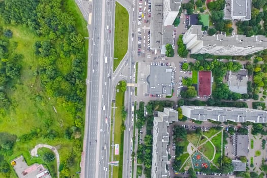 Top view of the city of Moscow, buildings and roads and other infrastructure of the city. Cityscape view from above.