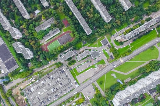 Top view of the city of Moscow, buildings and roads and other infrastructure of the city. Cityscape view from above.