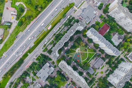 Top view of the city of Moscow, buildings and roads and other infrastructure of the city. Cityscape view from above.