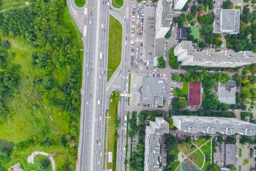Top view of the city of Moscow, buildings and roads and other infrastructure of the city. Cityscape view from above.