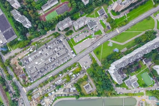 Top view of the city of Moscow, buildings and roads and other infrastructure of the city. Cityscape view from above.