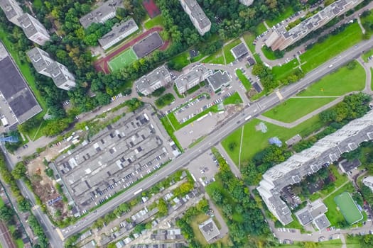 Top view of the city of Moscow, buildings and roads and other infrastructure of the city. Cityscape view from above.