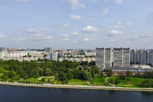 Top view of the city of Moscow, buildings and roads and other infrastructure of the city. Cityscape view from above.