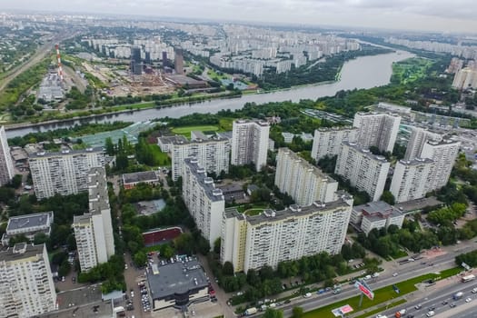 Top view of the city of Moscow, buildings and roads and other infrastructure of the city. Cityscape view from above.
