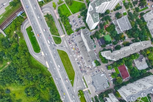 Top view of the city of Moscow, buildings and roads and other infrastructure of the city. Cityscape view from above.