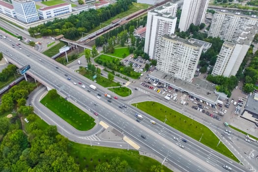 Top view of the city of Moscow, buildings and roads and other infrastructure of the city. Cityscape view from above.