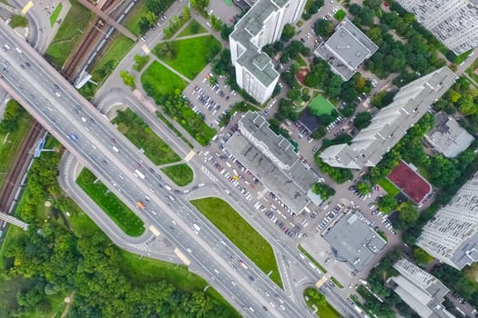 Top view of the city of Moscow, buildings and roads and other infrastructure of the city. Cityscape view from above.