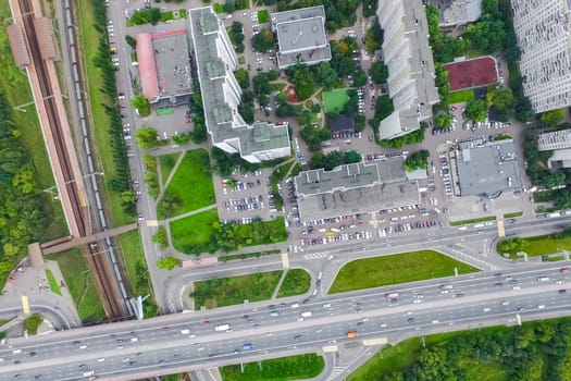 Top view of the city of Moscow, buildings and roads and other infrastructure of the city. Cityscape view from above.