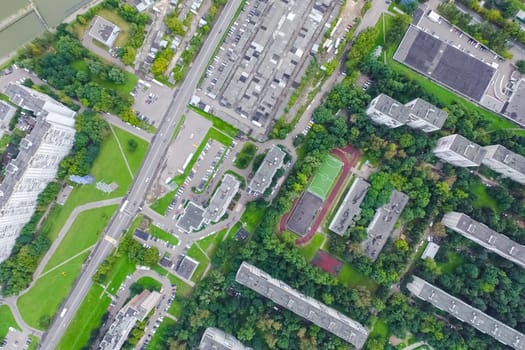 Top view of the city of Moscow, buildings and roads and other infrastructure of the city. Cityscape view from above.