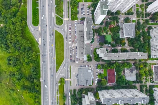Top view of the city of Moscow, buildings and roads and other infrastructure of the city. Cityscape view from above.