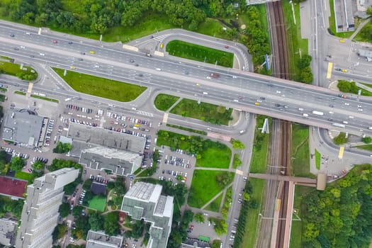 Top view of the city of Moscow, buildings and roads and other infrastructure of the city. Cityscape view from above.