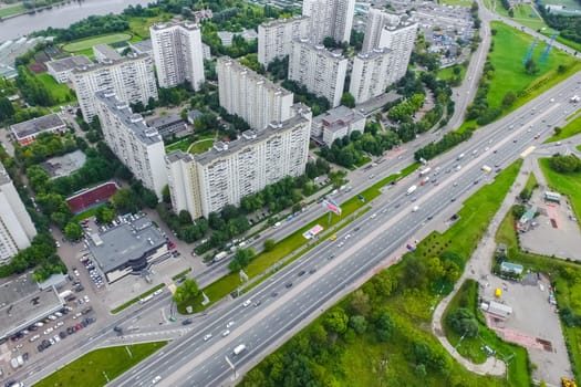 Top view of the city of Moscow, buildings and roads and other infrastructure of the city. Cityscape view from above.