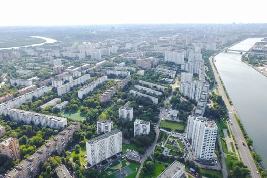 Top view of the city of Moscow, buildings and roads and other infrastructure of the city. Cityscape view from above.