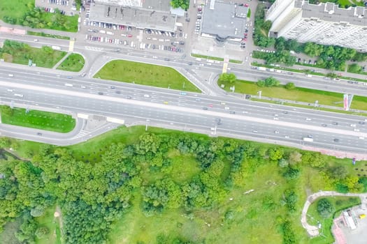 Top view of the city of Moscow, buildings and roads and other infrastructure of the city. Cityscape view from above.