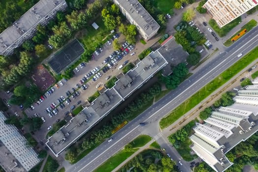 Top view of the city of Moscow, buildings and roads and other infrastructure of the city. Cityscape view from above.
