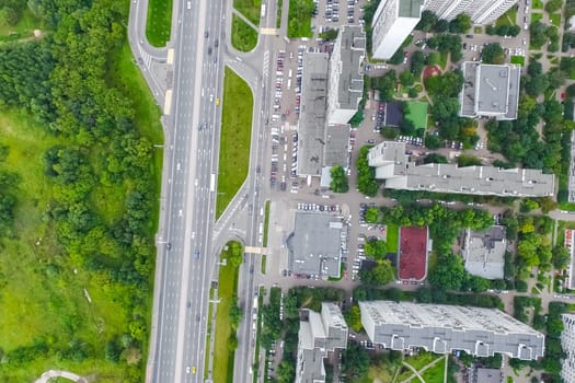 Top view of the city of Moscow, buildings and roads and other infrastructure of the city. Cityscape view from above.