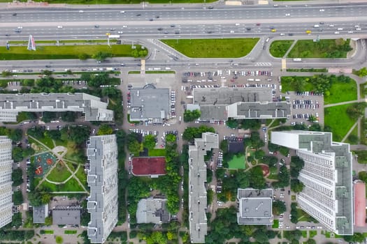 Top view of the city of Moscow, buildings and roads and other infrastructure of the city. Cityscape view from above.