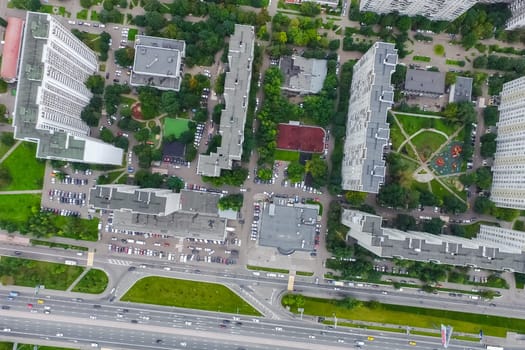 Top view of the city of Moscow, buildings and roads and other infrastructure of the city. Cityscape view from above.