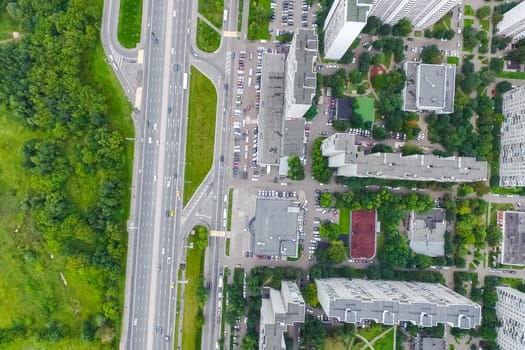 Top view of the city of Moscow, buildings and roads and other infrastructure of the city. Cityscape view from above.