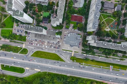 Top view of the city of Moscow, buildings and roads and other infrastructure of the city. Cityscape view from above.