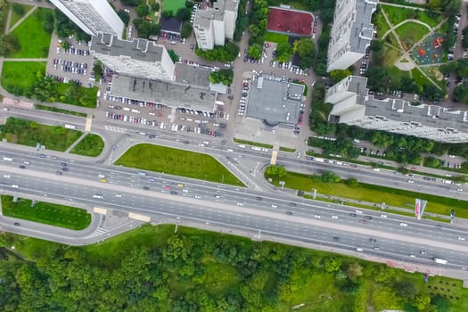 Top view of the city of Moscow, buildings and roads and other infrastructure of the city. Cityscape view from above.