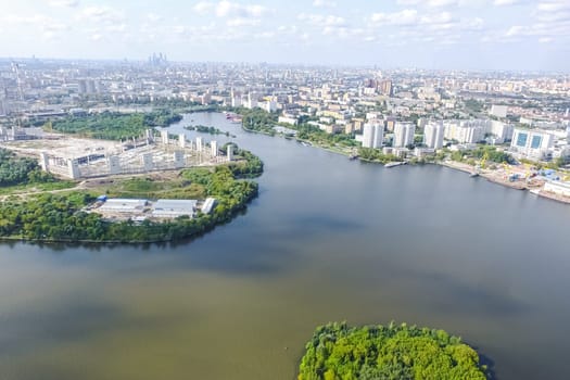 Top view of the city of Moscow, buildings and roads and other infrastructure of the city. Cityscape view from above.