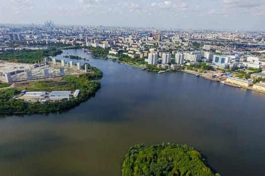 Top view of the city of Moscow, buildings and roads and other infrastructure of the city. Cityscape view from above.