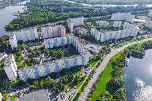 Top view of the city of Moscow, buildings and roads and other infrastructure of the city. Cityscape view from above.