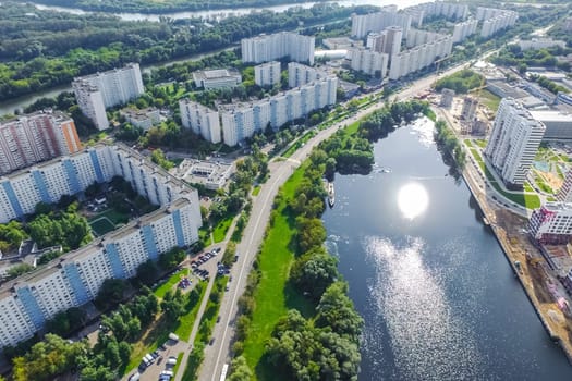 Top view of the city of Moscow, buildings and roads and other infrastructure of the city. Cityscape view from above.