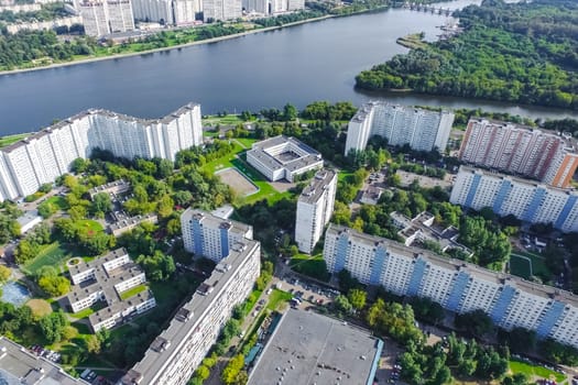 Top view of the city of Moscow, buildings and roads and other infrastructure of the city. Cityscape view from above.