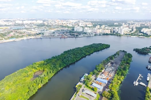 Top view of the city of Moscow, buildings and roads and other infrastructure of the city. Cityscape view from above.