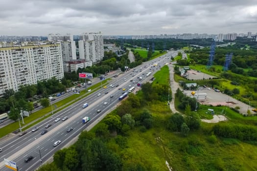 Top view of the city of Moscow, buildings and roads and other infrastructure of the city. Cityscape view from above.