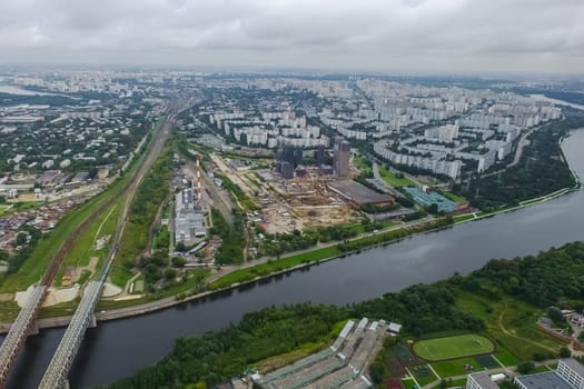 Top view of the city of Moscow, buildings and roads and other infrastructure of the city. Cityscape view from above.