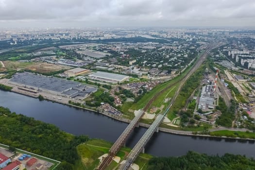 Top view of the city of Moscow, buildings and roads and other infrastructure of the city. Cityscape view from above.