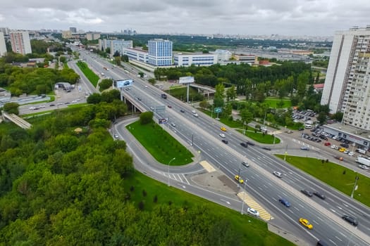 Top view of the city of Moscow, buildings and roads and other infrastructure of the city. Cityscape view from above.