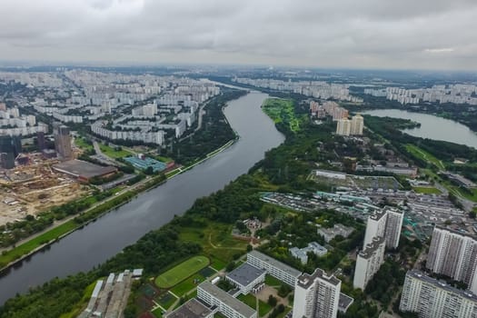 Top view of the city of Moscow, buildings and roads and other infrastructure of the city. Cityscape view from above.