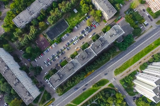 Top view of the city of Moscow, buildings and roads and other infrastructure of the city. Cityscape view from above.