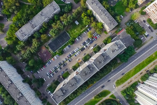 Top view of the city of Moscow, buildings and roads and other infrastructure of the city. Cityscape view from above.