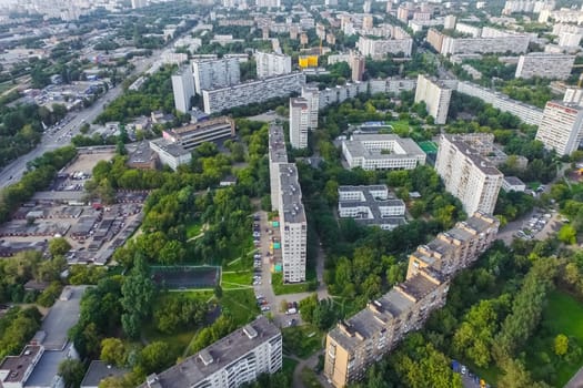 Top view of the city of Moscow, buildings and roads and other infrastructure of the city. Cityscape view from above.