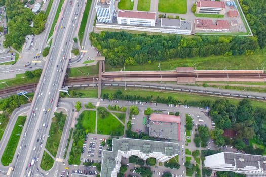 Top view of the city of Moscow, buildings and roads and other infrastructure of the city. Cityscape view from above.