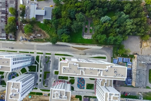 Top view of the city of Moscow, buildings and roads and other infrastructure of the city. Cityscape view from above.