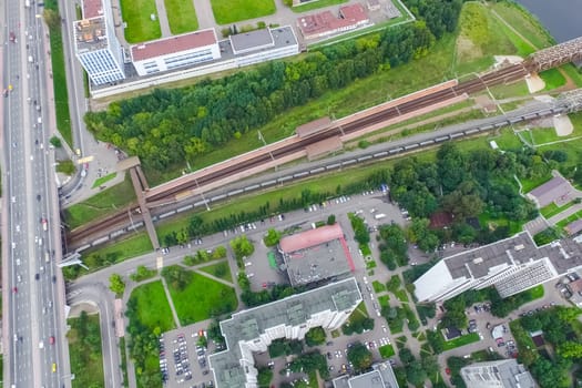 Top view of the city of Moscow, buildings and roads and other infrastructure of the city. Cityscape view from above.