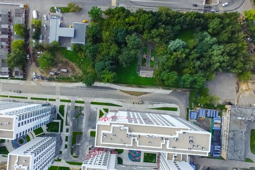 Top view of the city of Moscow, buildings and roads and other infrastructure of the city. Cityscape view from above.