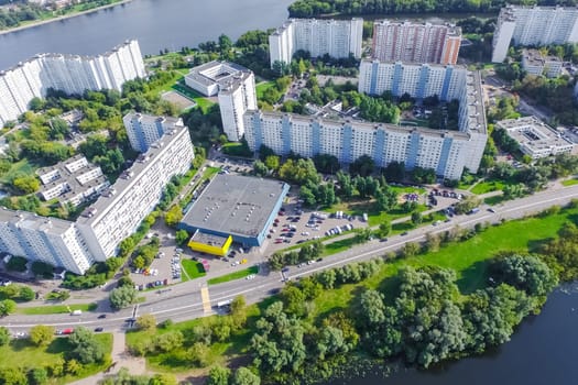 Top view of the city of Moscow, buildings and roads and other infrastructure of the city. Cityscape view from above.