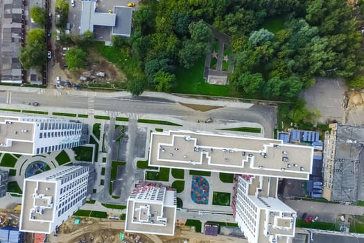 Top view of the city of Moscow, buildings and roads and other infrastructure of the city. Cityscape view from above.
