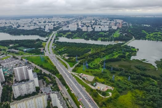 Top view of the city of Moscow, buildings and roads and other infrastructure of the city. Cityscape view from above.