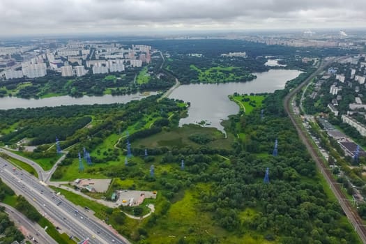 Top view of the city of Moscow, buildings and roads and other infrastructure of the city. Cityscape view from above.