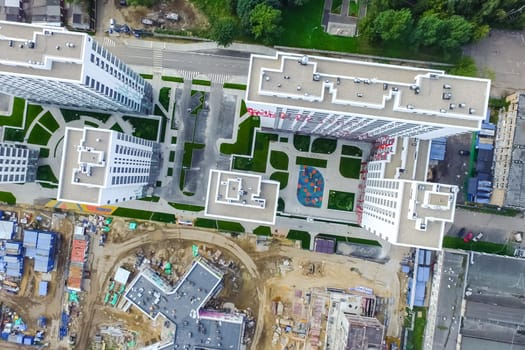 Top view of the city of Moscow, buildings and roads and other infrastructure of the city. Cityscape view from above.