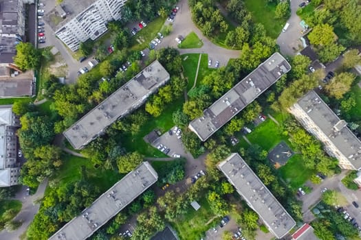 Top view of the city of Moscow, buildings and roads and other infrastructure of the city. Cityscape view from above.