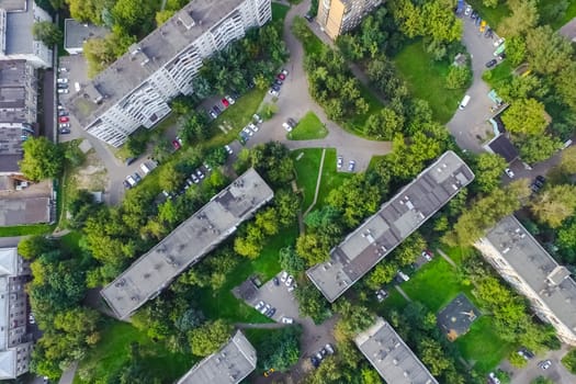 Top view of the city of Moscow, buildings and roads and other infrastructure of the city. Cityscape view from above.